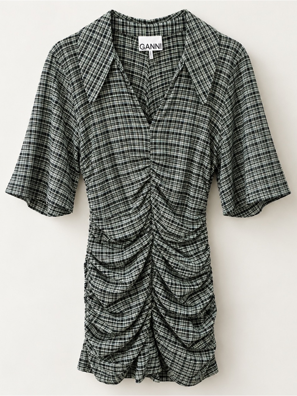 GANNI Ruched Check Mini Dress Green Black Size 42